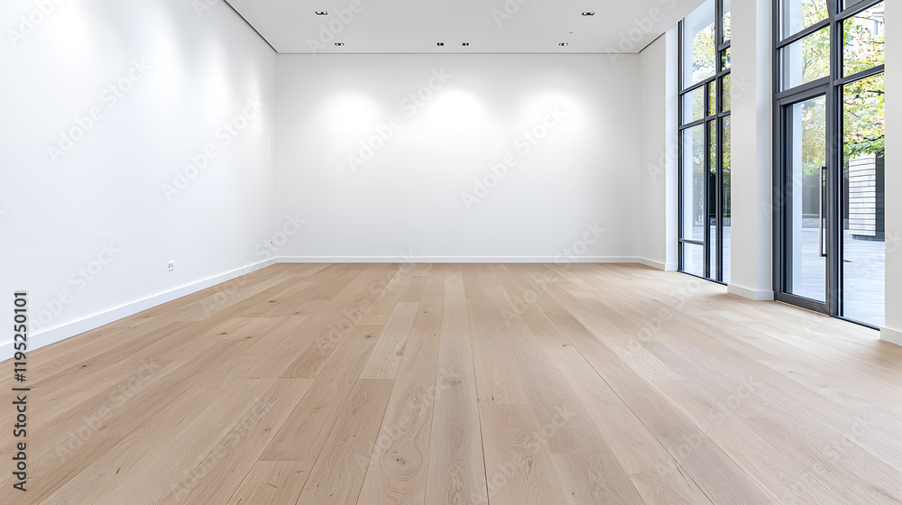 Fototapeta premium Empty modern interior room with an empty white wall and wooden floor mock up