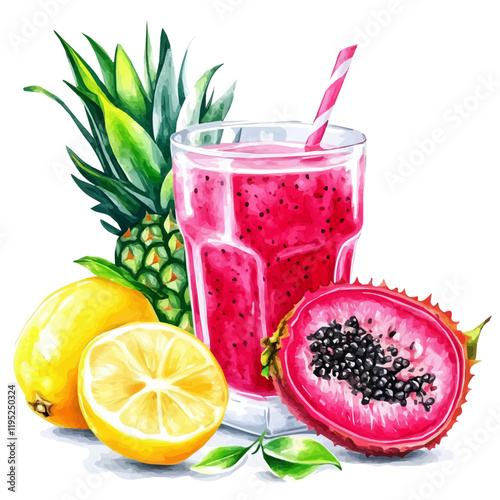 A watercolor of dragon fruit lemon juice, isolated on a white background. Dragon fruit lemon juice vector.
