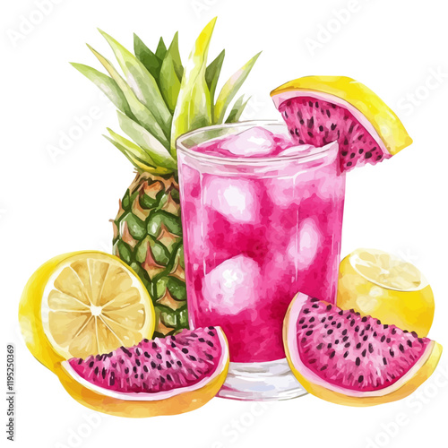A watercolor of dragon fruit lemon juice, isolated on a white background. Dragon fruit lemon juice vector.
