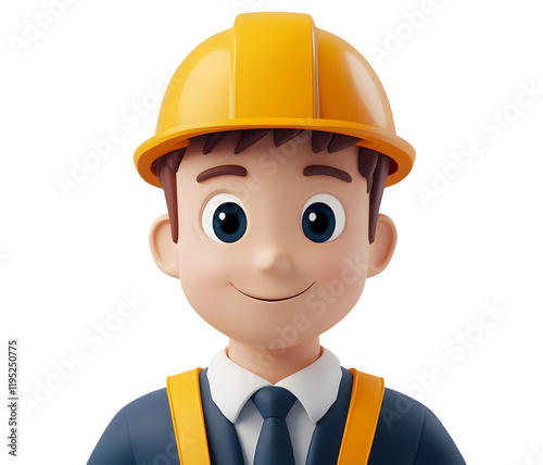 Engineer with yellow suit and helmet 3D render style, transparent background. Cut