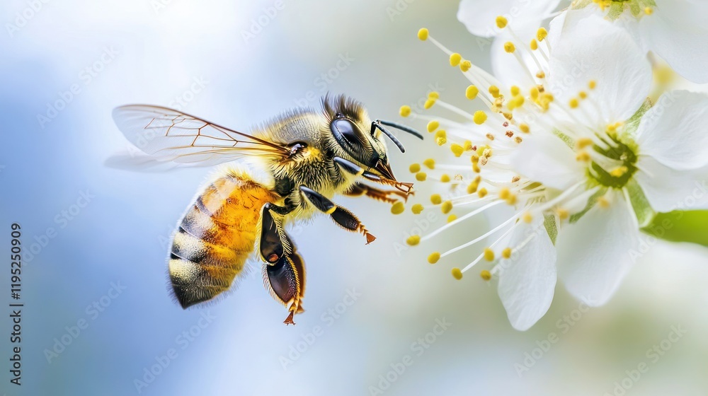 Honeybee in Flight Gathering Nectar from Delicate White Blossom Honeybee in Flight Gathering Nectar from Delicate White Blossom
