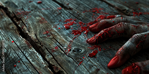 Bloody Hand on Weathered Wooden Surface photo