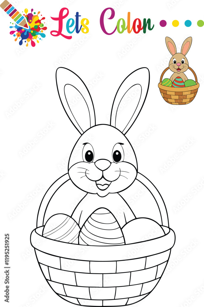 Charming Easter bunny in a basket filled with eggs, perfect for kids' coloring activities and preschool fun.
Charming Easter bunny in a basket filled with eggs, perfect for kids' coloring activities and preschool fun.