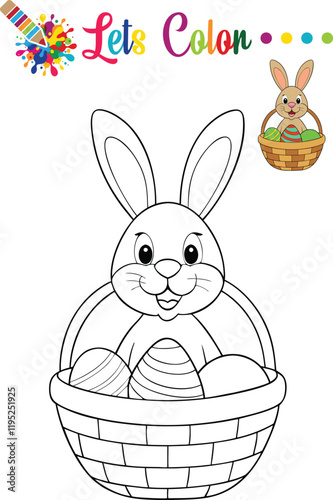 Charming Easter bunny in a basket filled with eggs, perfect for kids' coloring activities and preschool fun.

