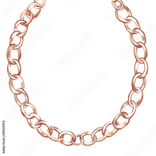 A watercolor illustration of a delicate rose gold chain necklace, isolated on a white background. Rose gold necklace vector.
