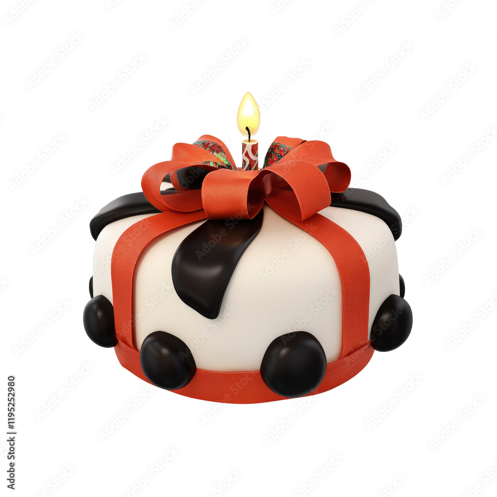 Festive Birthday Cake with Lit Candle and Red Bow