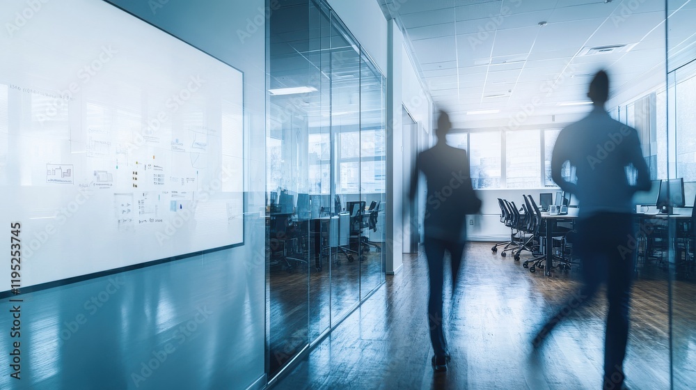 Blurred business people walking in modern office corridor with glass walls Blurred business people walking in modern office corridor with glass walls