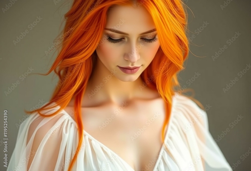 Female portrait with orange hair and white dress Female portrait with orange hair and white dress