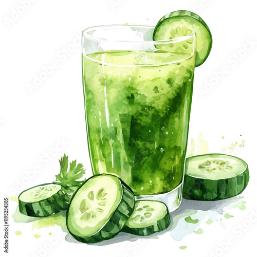A watercolor drawing of a glass of cucumber juice, isolated on a white background. Cucumber juice vector.
