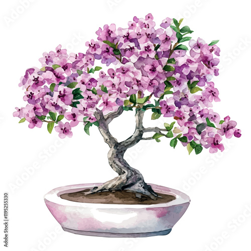 A watercolor of a crape myrtle bonsai, isolated on a white background. Crape myrtle bonsai vector.
