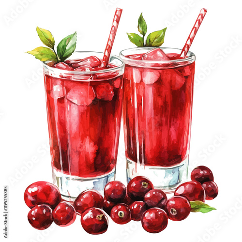 A watercolor of cranberry apple juice, isolated on a white background. Cranberry apple juice vector.
