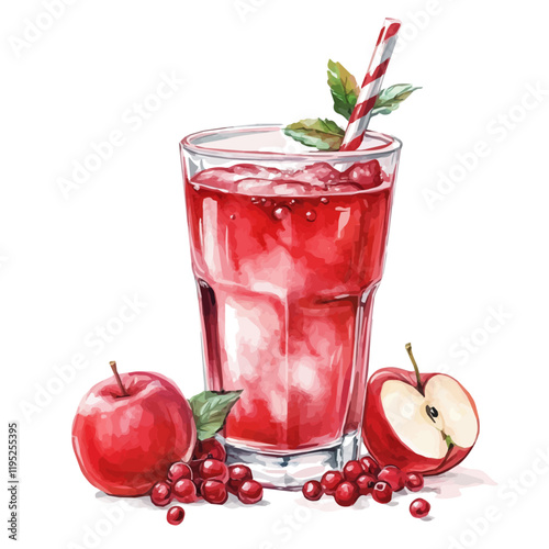 A watercolor of cranberry apple juice, isolated on a white background. Cranberry apple juice vector.
