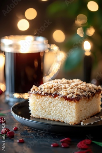 Delicious Streuselkuchen on a Plate Served with Coffee, Perfect for Cozy Evenings or Coffee Breaks, Featuring Crumb Topping and Elegant Ambient Lighting