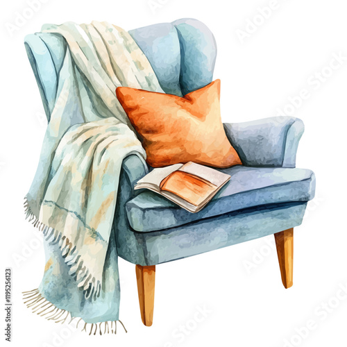 A watercolor illustration of a cozy corner with a chair and blanket, isolated on a white background. Cozy corner vector.
