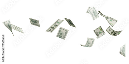 Flying 100 American dollars banknote isolated on white