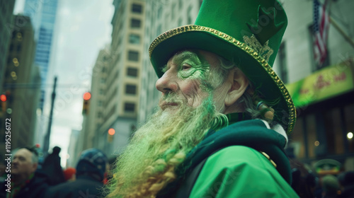 St. Patrick's Day celebration, elderly smiling bearded man in a leprechaun hat, masquerade street parade, folk festivals photo