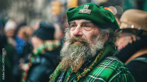 St. Patrick's Day celebration, elderly smiling bearded man in a leprechaun hat, masquerade street parade, folk festivals photo