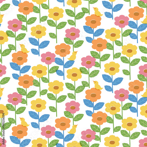 cute seamless pattern with flowers and birds