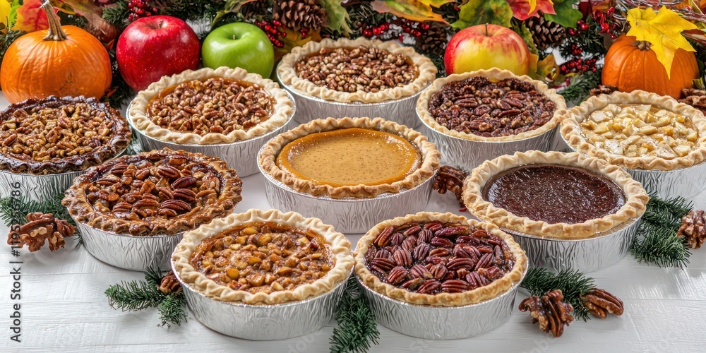 Top view of a variety of Thanksgiving pies, including pumpkin, apple, and pecan, on a festive background with fall decorations Top view of a variety of Thanksgiving pies, including pumpkin, apple, and pecan, on a festive background with fall decorations