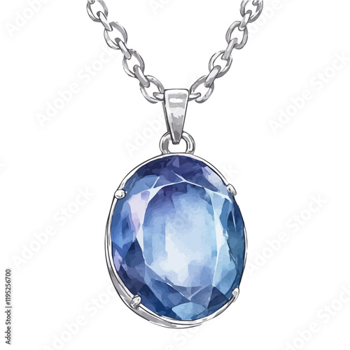 A watercolor of a contemporary sapphire pendant necklace, isolated on a white background. Sapphire necklace vector.

