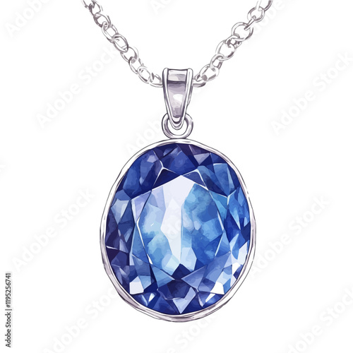 A watercolor of a contemporary sapphire pendant necklace, isolated on a white background. Sapphire necklace vector.
