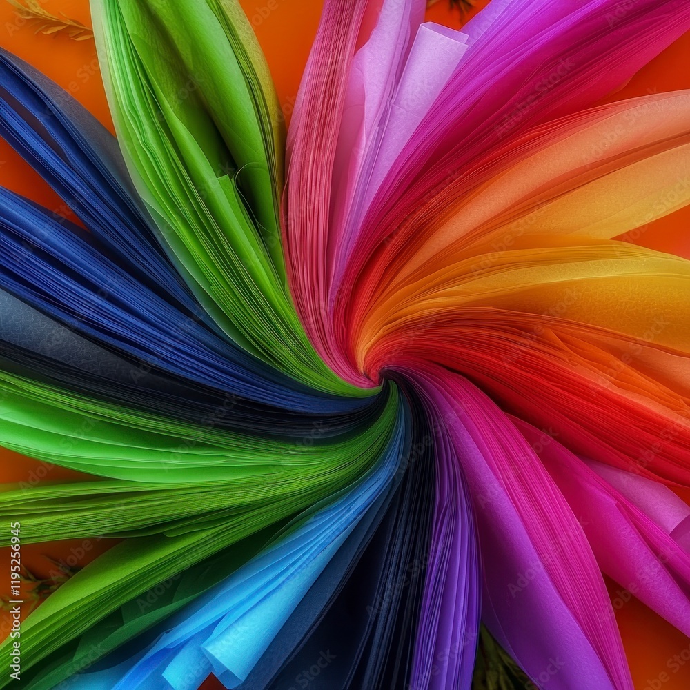 Naklejka premium Colorful Paper Sheets Rainbow Swirl Craft Supplies Festive Background Texture Abstra