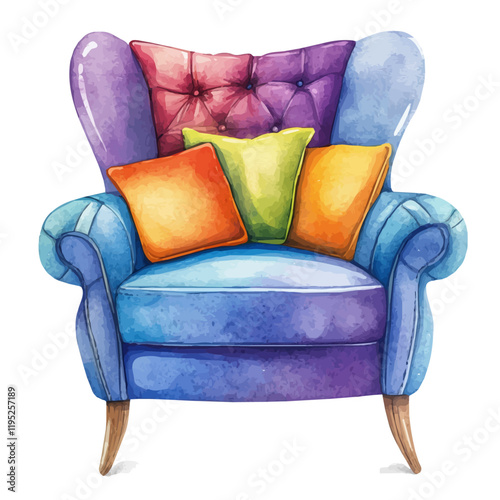 A watercolor of a comfy armchair with colorful cushions, isolated on a white background. Armchair vector.
