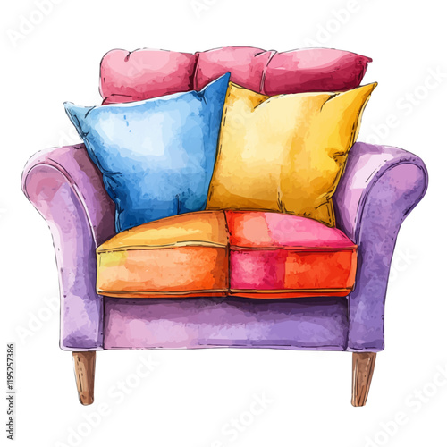 A watercolor of a comfy armchair with colorful cushions, isolated on a white background. Armchair vector.
