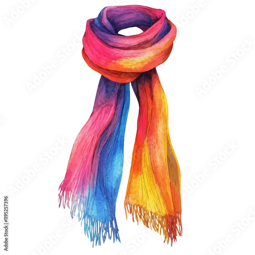 A watercolor drawing of a colorful scarf for winter style, isolated on a white background. Scarf vector.
