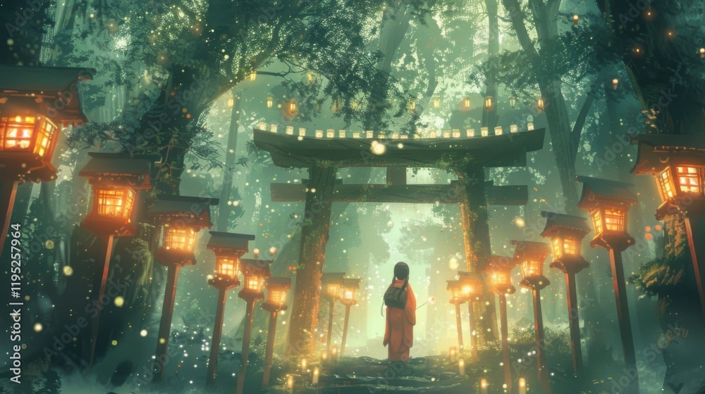 Obraz premium Enchanted Forest Pathway with Lanterns