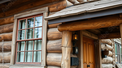 Rustic Log Cabin Exterior: Charming Countryside Home Entrance with Wooden Details photo