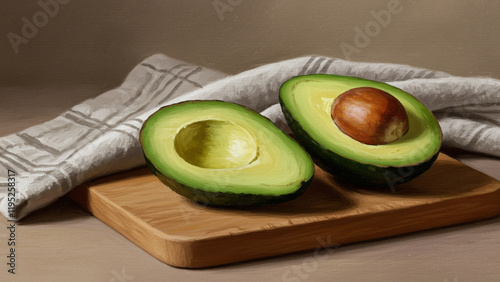 Artistic still life of ripe avocado halves on a wooden cutting board with a rustic towel, showcasing texture and natural beauty.