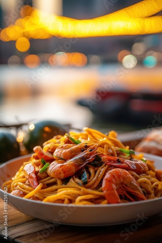 Delicious Hokkien Mee Stir Fried Noodles in Dark Soy Sauce with Shrimp Garnished with Fresh Herbs Set Against a Scenic Outdoor Background photo