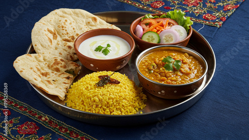 Traditional Indian thali with naan, yellow rice, dal curry, yogurt, and fresh salad on a decorated table setting. Vibrant colors and cultural food presentation.