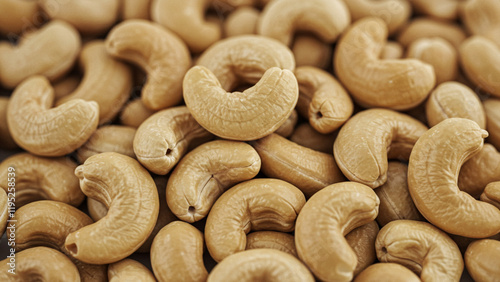 Close-up of raw cashew nuts, showcasing their natural texture and creamy color. Ideal for healthy eating and snack-related content.
