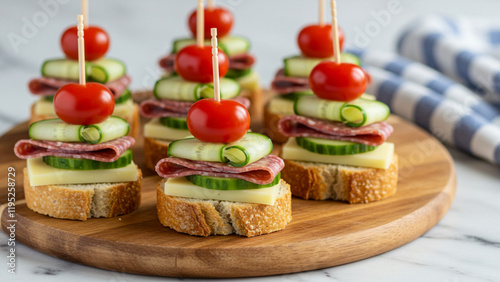 Elegant canapés with cherry tomato, cucumber, salami, and cheese on crusty bread, perfect for appetizers or party snacks.
