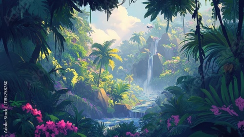 Lush tropical landscape with a waterfall flowing into a serene river surrounded by vibrant foliage and palm trees