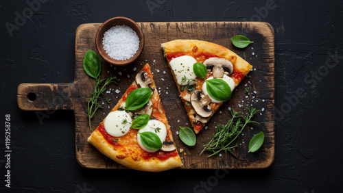 Slices of Margherita pizza with mushrooms, fresh basil, and mozzarella on a rustic wooden board, styled with fresh herbs and sea salt.