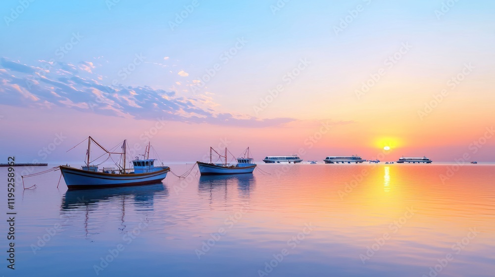 Naklejka premium Fishing Boats at Sunrise