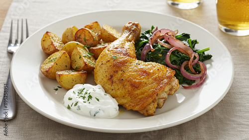 Succulent roasted chicken leg served with golden potatoes, sautéed spinach, and creamy sauce.