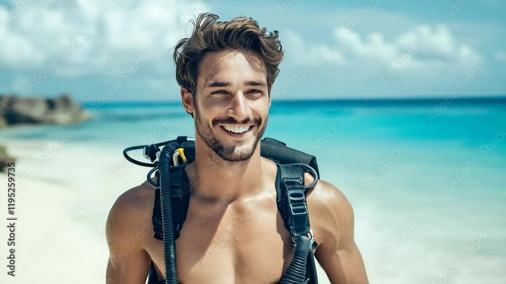 handsome man with aqualung near the sea, diving concept