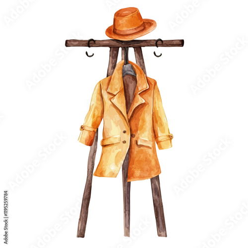 A watercolor vector of a coat rack with a hat and coat, isolated on a white background. Coat rack vector.
