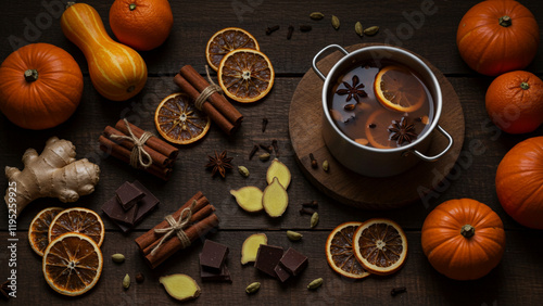 A cozy scene of mulled cider with spices, dried oranges, cinnamon sticks, and pumpkins, evoking autumn warmth.