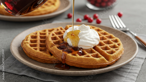 Freshly made pumpkin waffles topped with whipped cream and maple syrup, served on a rustic plate for a seasonal breakfast.