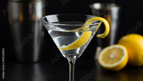 A classic martini cocktail with a lemon twist, served in a sleek glass with bar tools and lemons in the background.