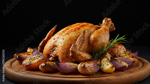 Golden-brown roasted chicken surrounded by roasted potatoes, red onions, and rosemary, presented on a wooden platter.