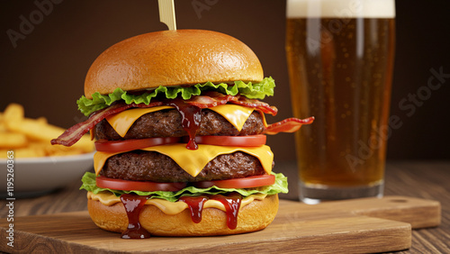 Juicy double bacon cheeseburger with fresh lettuce, tomato, and barbecue sauce, served with a cold beer on a rustic wooden board.