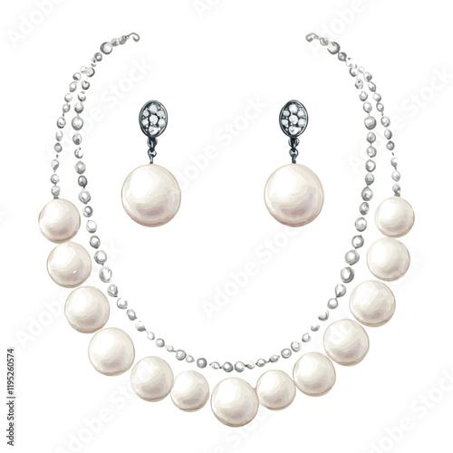 A watercolor of a classic pearl necklace and earrings set, isolated on a white background. Pearl jewelry vector.
