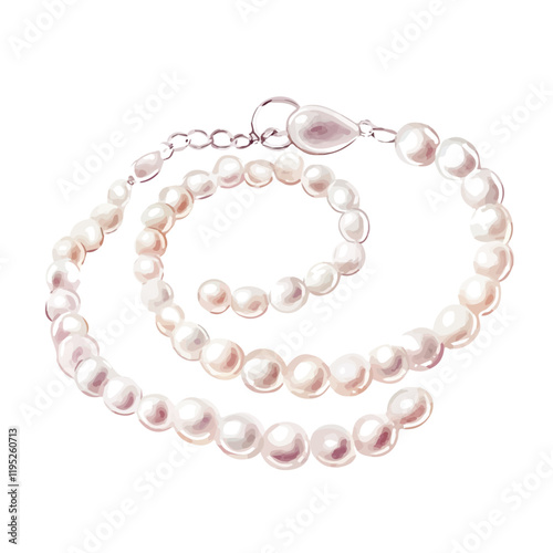 A watercolor drawing of a classic pearl bracelet and necklace set, isolated on a white background. Pearl jewelry vector.
