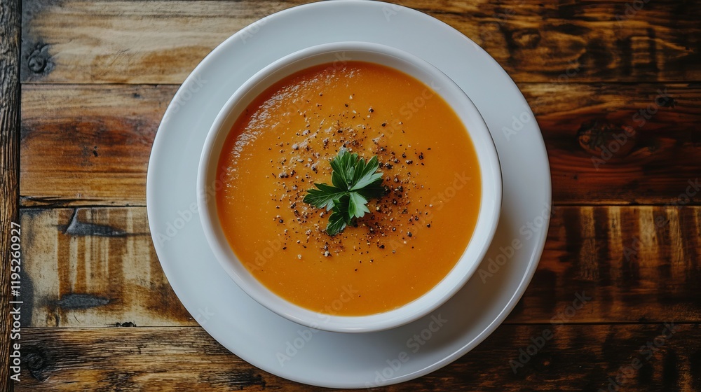Aromatic Orange Soup in a White Bowl on a Rustic Wooden Table Aromatic Orange Soup in a White Bowl on a Rustic Wooden Table